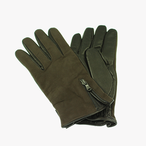 Leather glove, dorsal printed sued with zip, palm nappa, wool lined